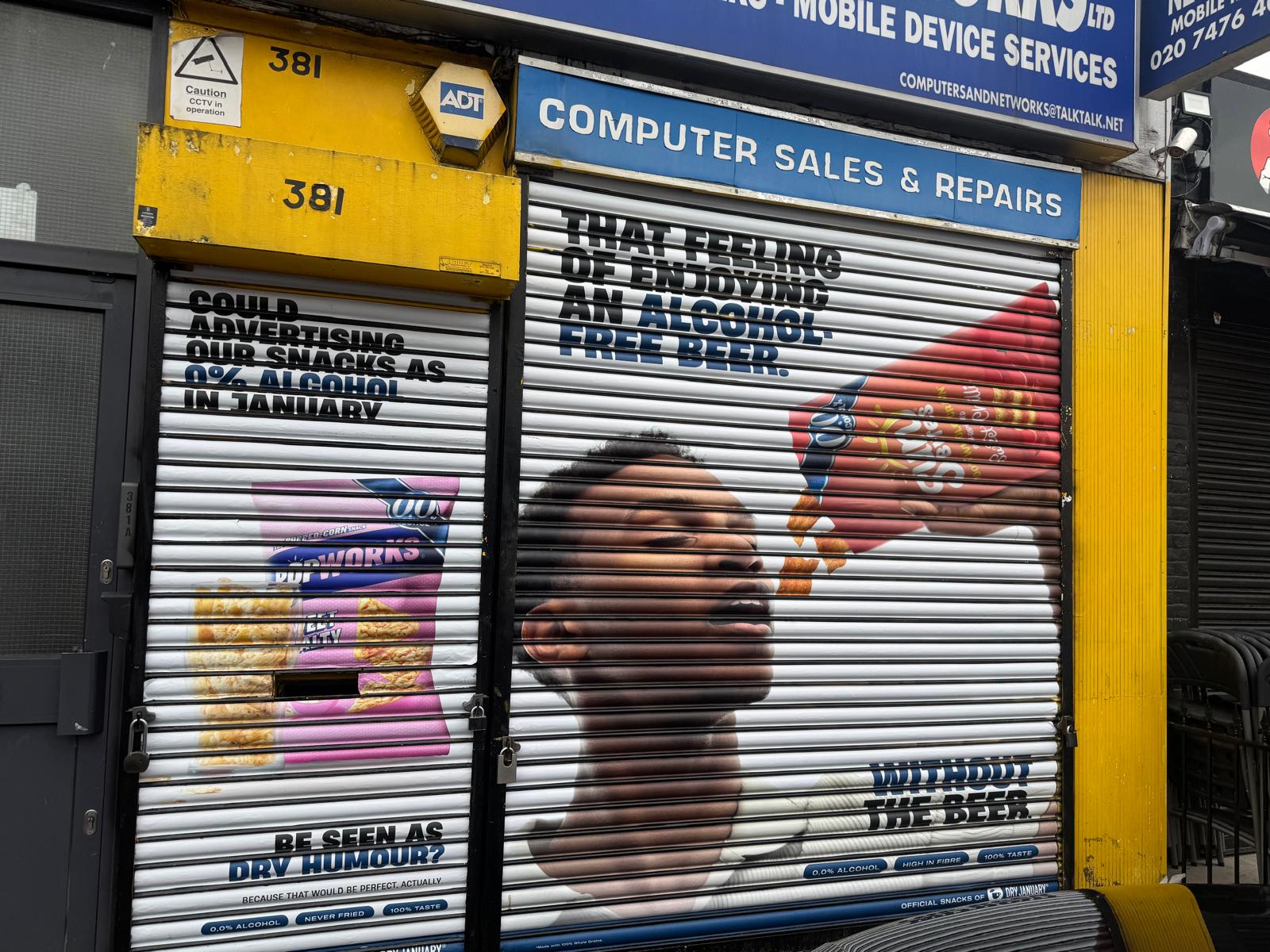 Commercial roller shutter graphics on a corner unit designed, printed and installed by Shutter Media in the North East.