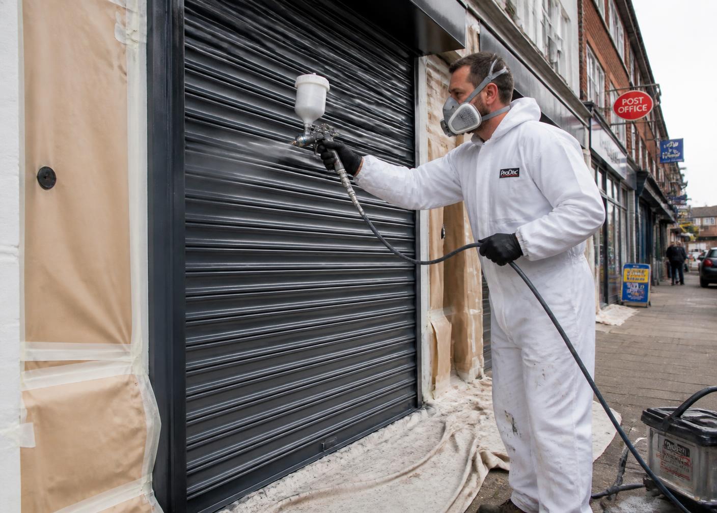 Roller shutter respray application with surrounding surfaces masked