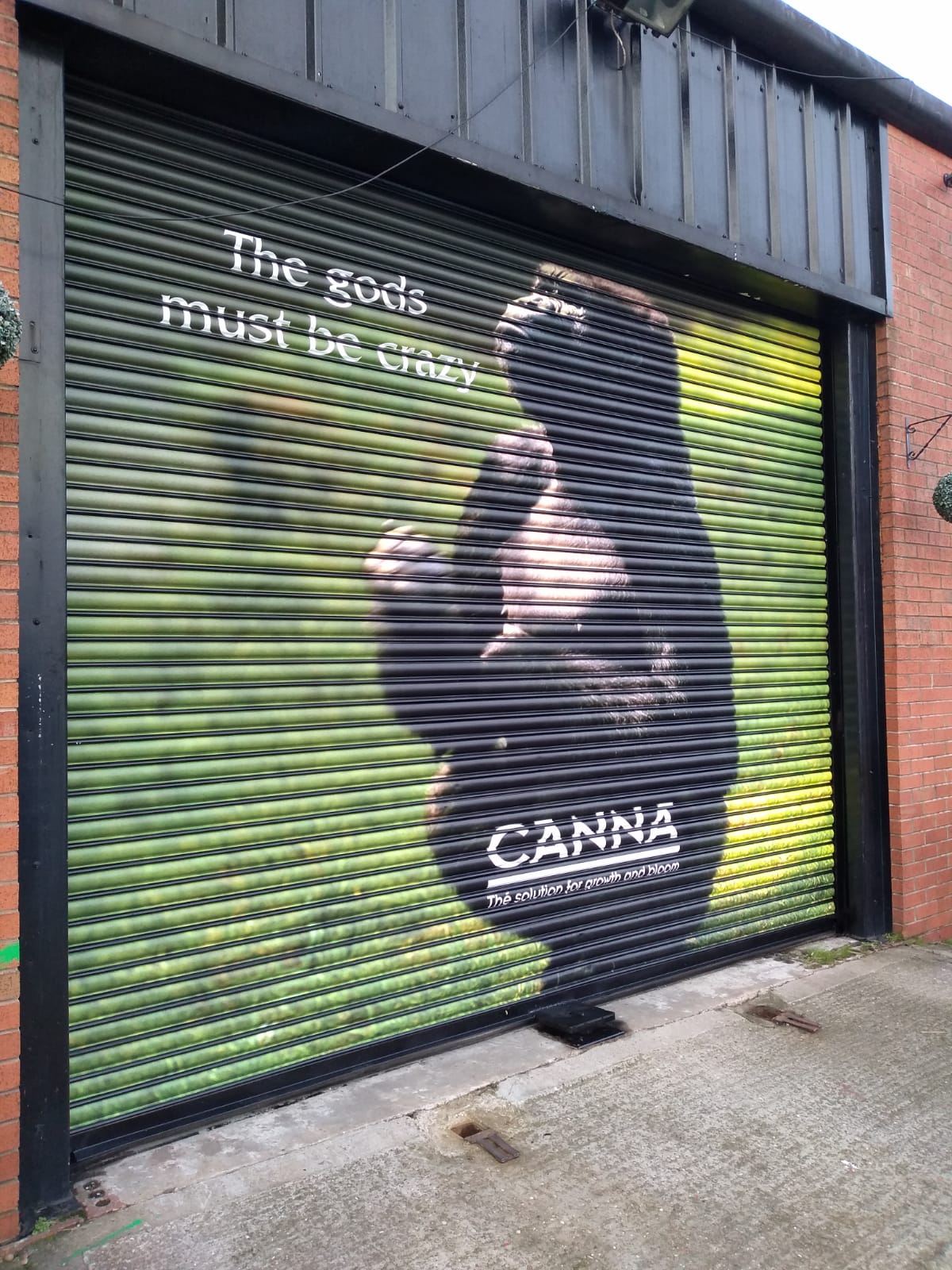 Illustrated shutter artwork covering a closed shopfront designed, printed and installed by Shutter Media in County Durham.