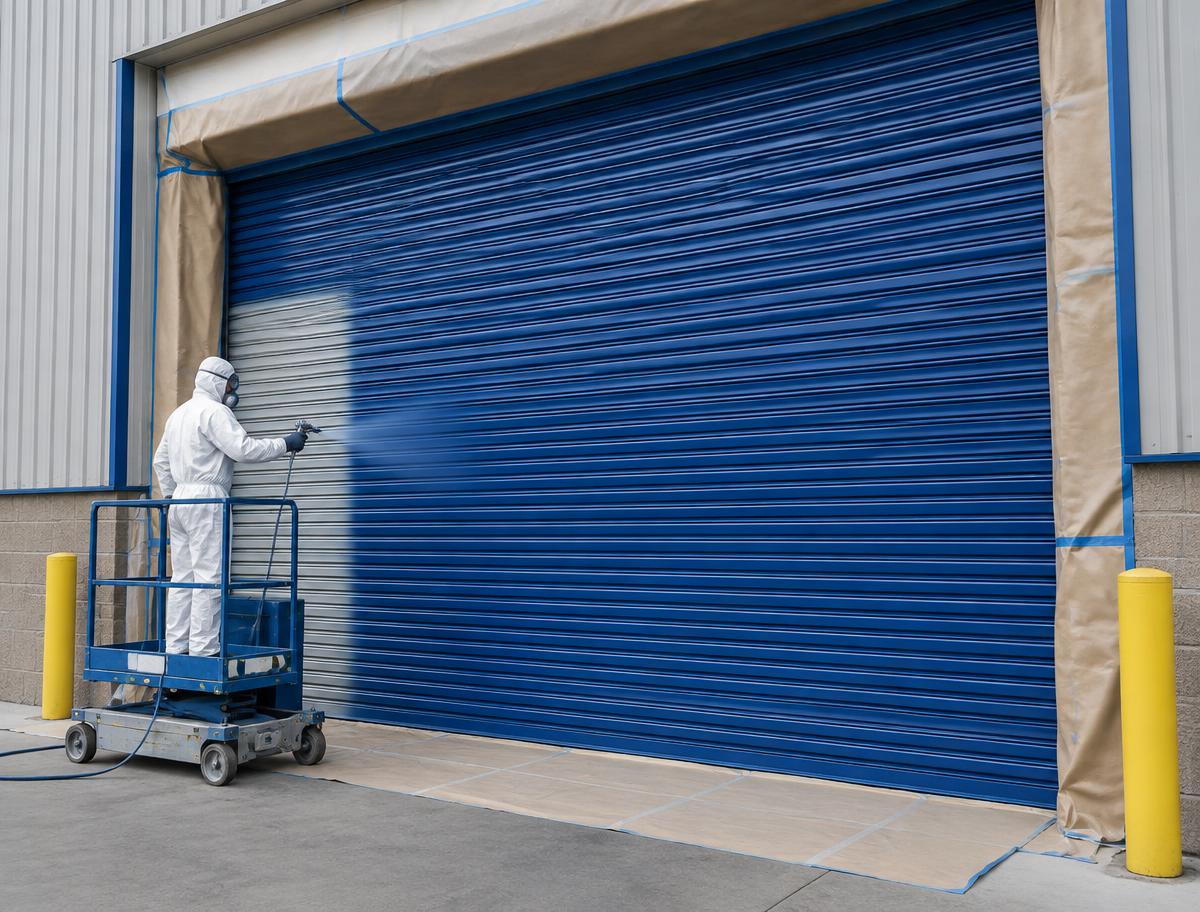 Illustrative industrial roller shutter being spray coated blue on site