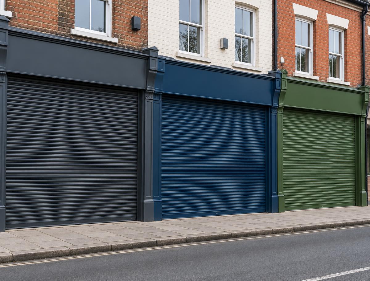 Illustrative retail roller shutters shown in anthracite, blue and green coating finishes