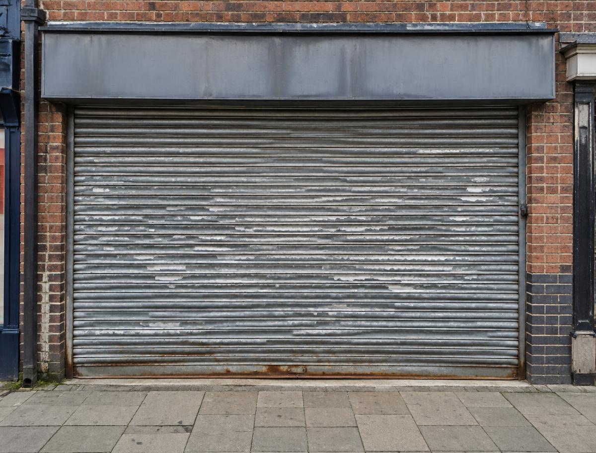 Illustrative weathered roller shutter with faded and flaking coating before preparation